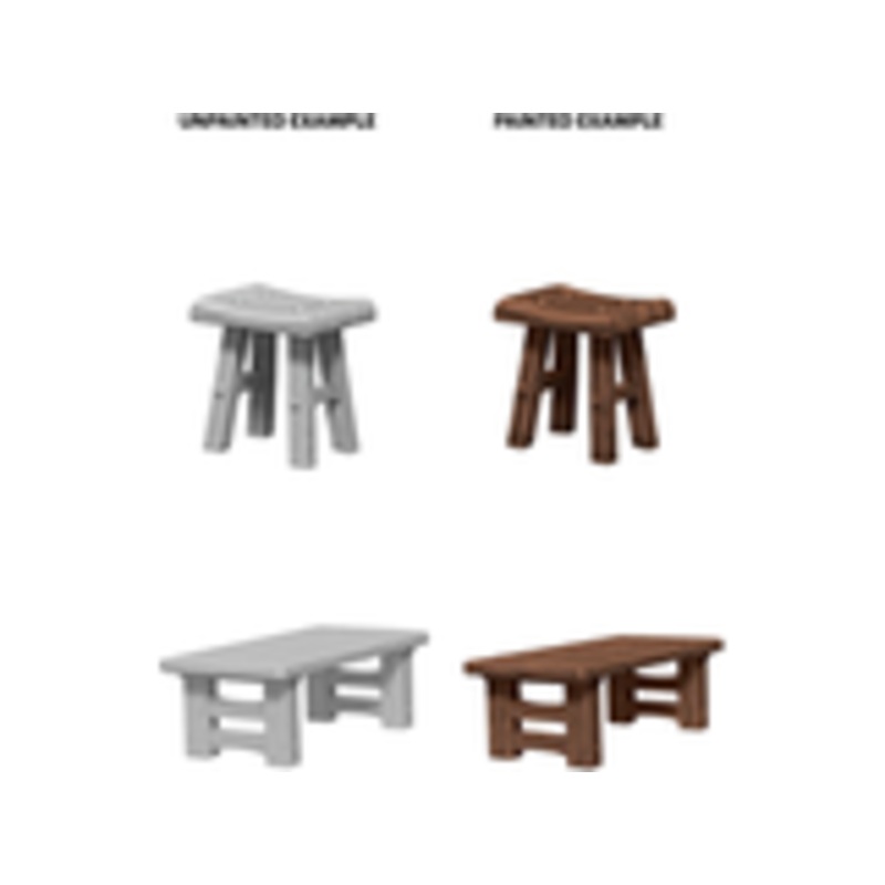 Wizkids - Dungeons and Dragons - Unpainted Miniature - Deep Cuts - Wooden Table and Stools - 72593