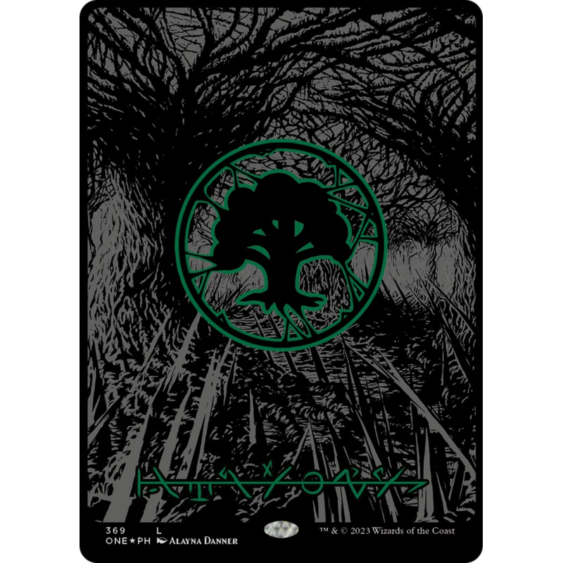 Forest (369) (Oil Slick Raised Foil) [Phyrexia: All Will Be One]