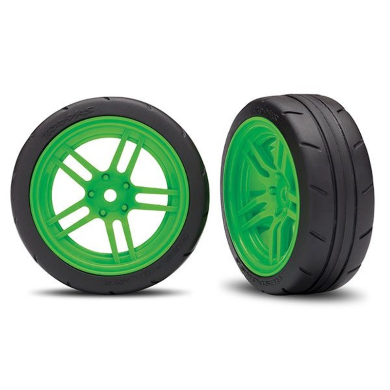 TRAXXAS 8373G Tires and wheels, assembled, glued (split-spoke green wheels, 1.9" Response tires) VXL Rated (front) (2)