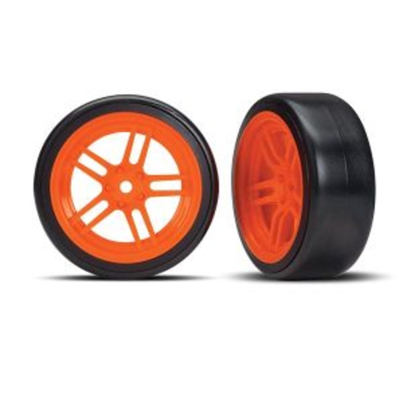 TRAXXAS 8376A Tires & Wheels, Assembled, Glued (split-Spoke Orange Wheels, 1.9" Drift tires) (front)