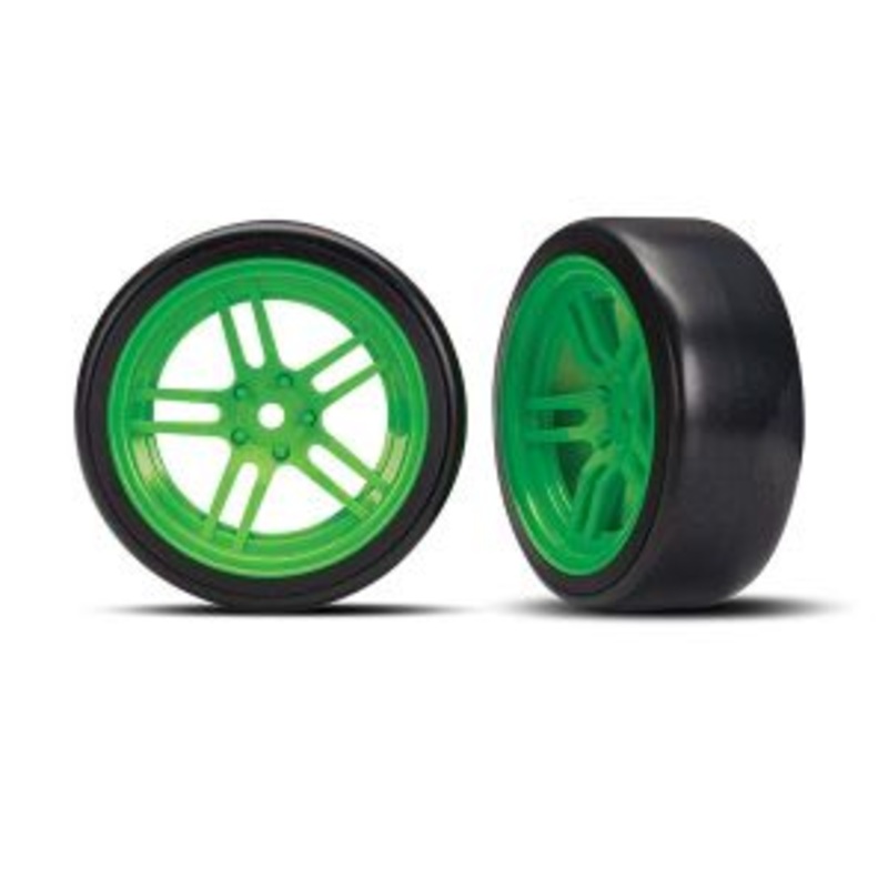 TRAXXAS 8376G Tires and Wheels, Assembled, Glued split-Spoke Green Wheels, 1.9" Drift tires front