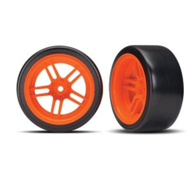 TRAXXAS 8377A Tires and Wheels, Assembled, Glued (split-Spoke Orange Wheels, 1.9" Drift tires) (Rear)