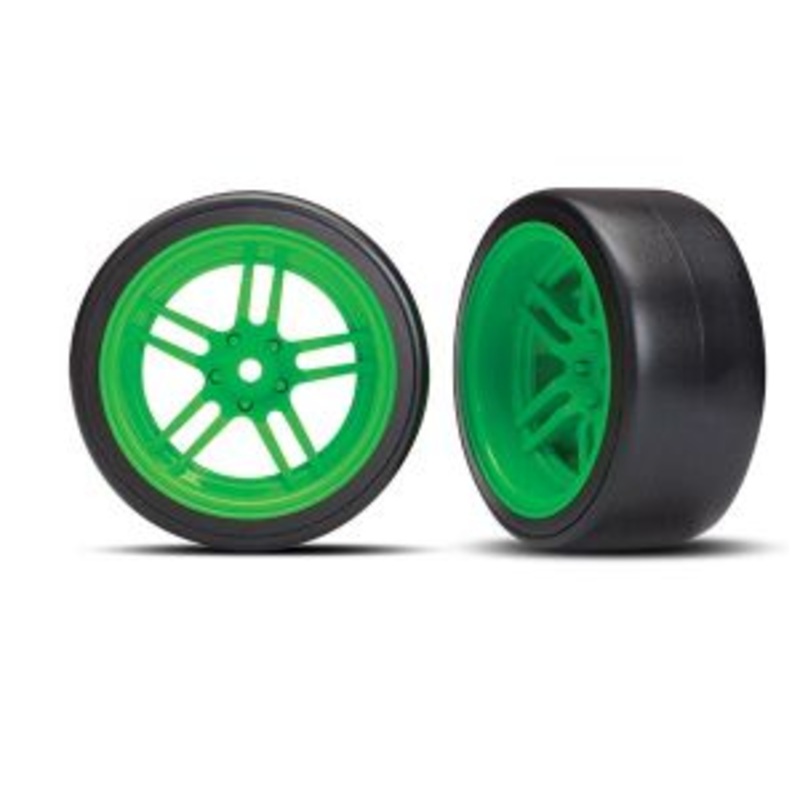 TRAXXAS 8377G Tires & Wheels Assembled, Glued split-Spoke Green Wheels, 1.9" Drift tires rear