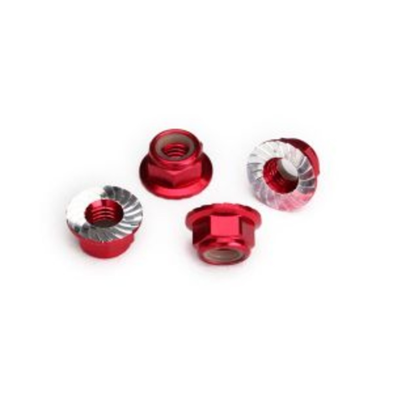 TRAXXAS 8447R Nuts, 5mm flanged nylon locking (aluminum, red-anodized, serrated) (4)