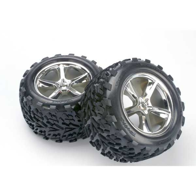 TRAXXAS 5374 Tires & wheels, assembled, glued (Gemini chrome wheels, Talon tires, foam inserts) (2) (also fits Maxx series)