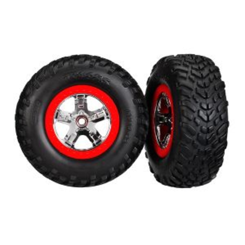 TRAXXAS 5887 Tires & wheels, assembled, glued (SCT chrome wheels, red beadlock style, dual profile (2.2" outer, 3.0" inner), SCT off-road racing tires, foam inserts) (2) (4WD f/r, 2WD rear) (TSM rated)