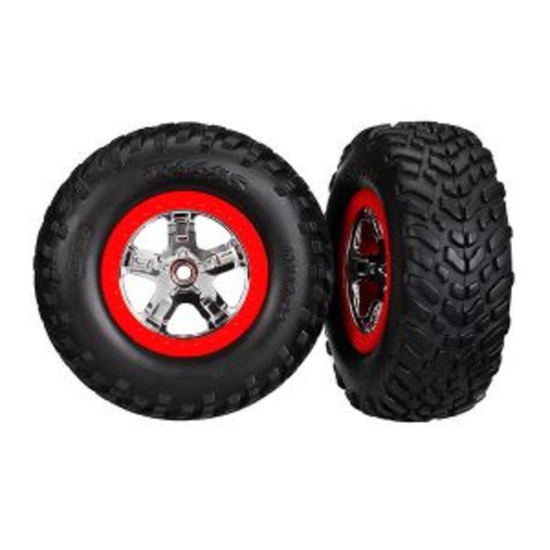 TRAXXAS 5887R Tires & wheels, assembled glued S1 compound SCT chrome wheels red beadlock style, dual profile (2.2" outer, 3.0" inner), SCT off-road racing tires, foam inserts (2) 4WD front / rear 2WD rear TSM rated