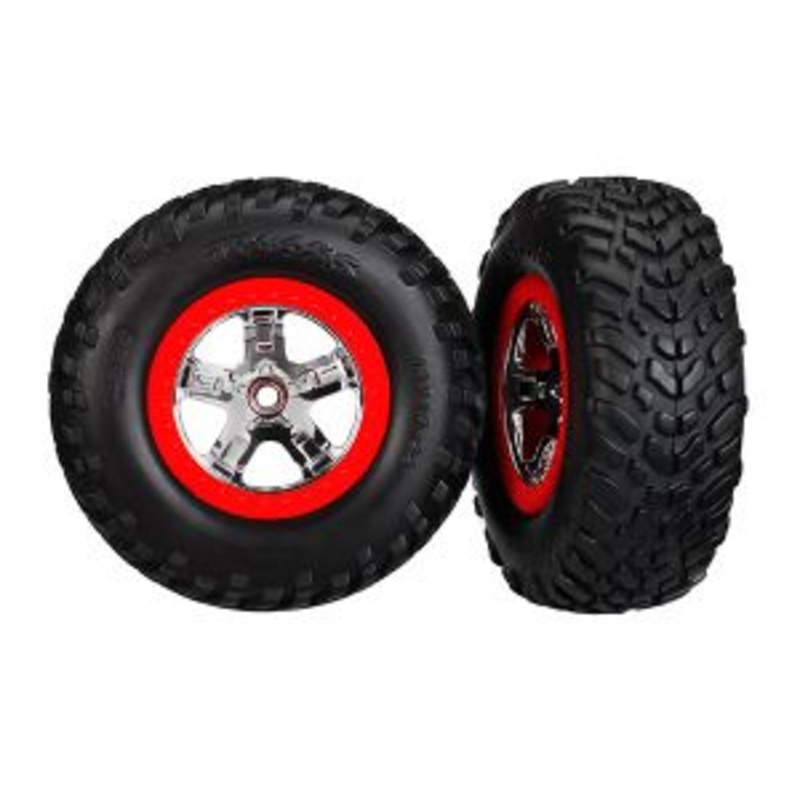 TRAXXAS 5888 Tires & wheels assembled, glued SCT chrome wheels, red beadlock style, dual profile 2.2 outer, 3.0 inner SCT off-road racing tires, foam inserts (2) 2wd front