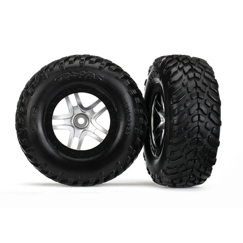 TRAXXAS 6892 Tires & wheels, assembled, glued (SCT Split-Spoke satin chrome, black beadlock style wheels, dual profile (2.2" outer, 3.0" inner), SCT off-road racing tires, foam inserts) (2) (4WD f/r, 2WD rear) (TSM rated)