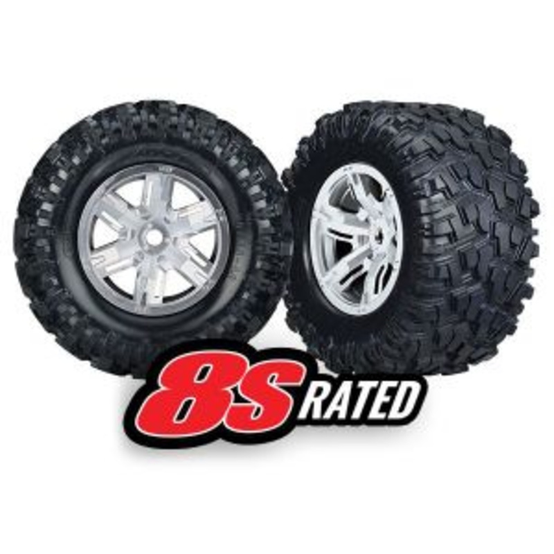 TRAXXAS 7772R Tires & wheels, assembled, glued X-Maxx satin chrome wheels, Maxx AT tires, foam inserts left & right (2)