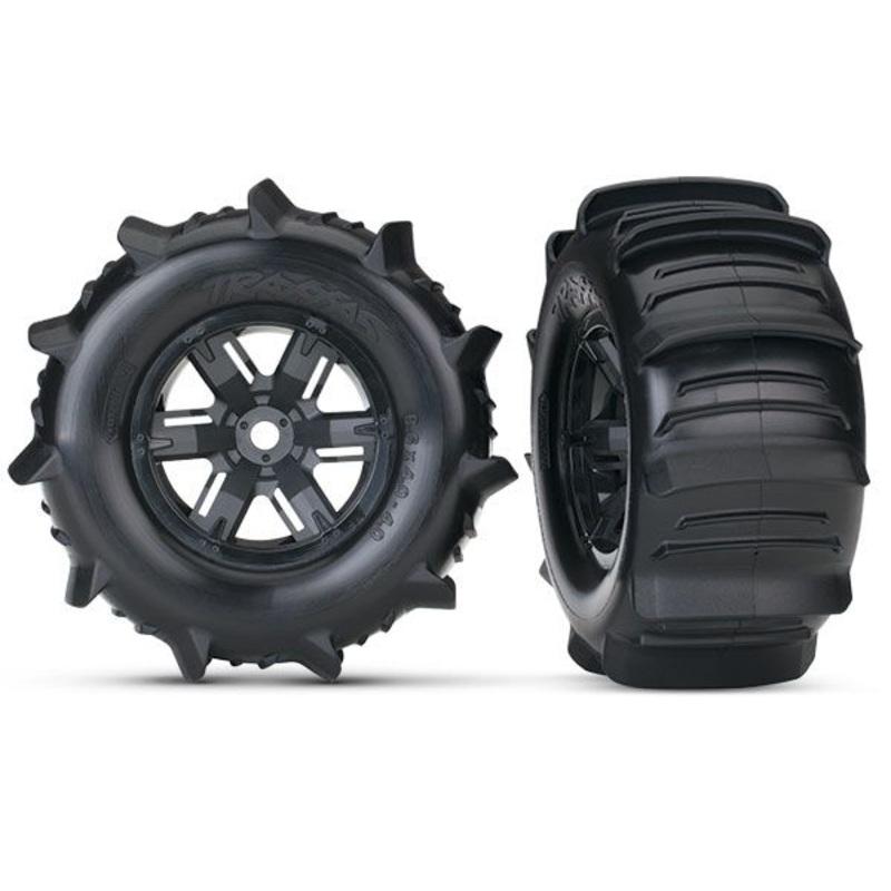 TRAXXAS 7773 Tires & wheels, assembled, glued X-Maxx black wheels, paddle tires, foam inserts left & right (2)