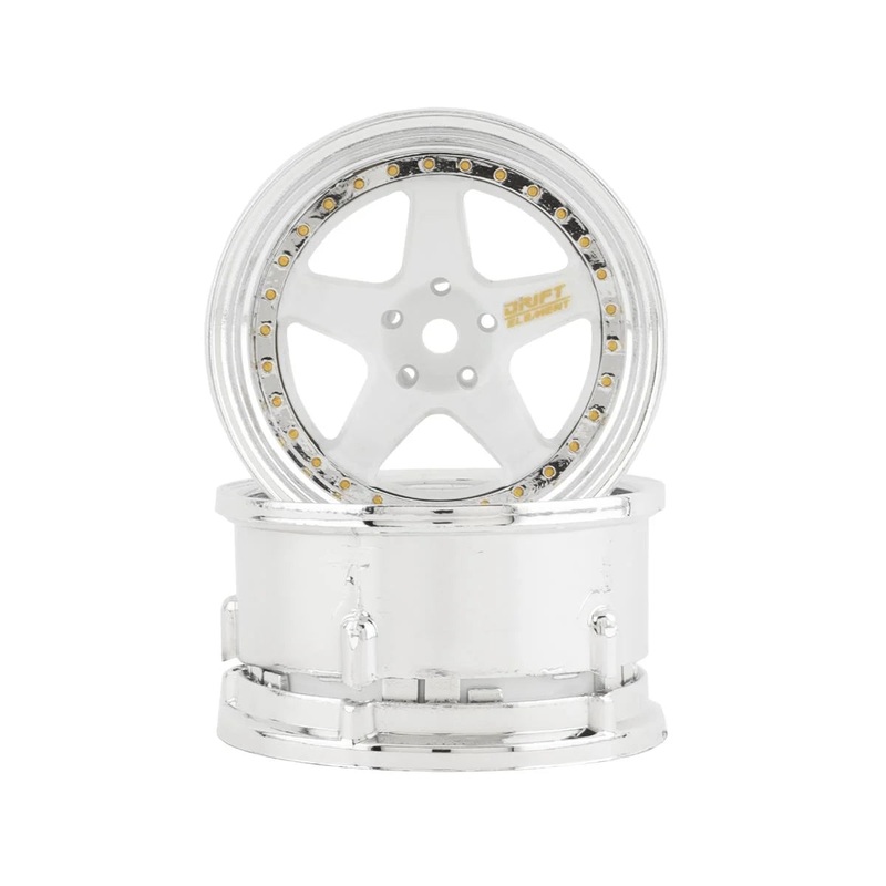 DS RACING DSC-DE-011 Drift Element 5 Spoke Drift Wheels (White & Chrome w/Gold Rivets) (2) (Adjustable Offset) w/12mm Hex
