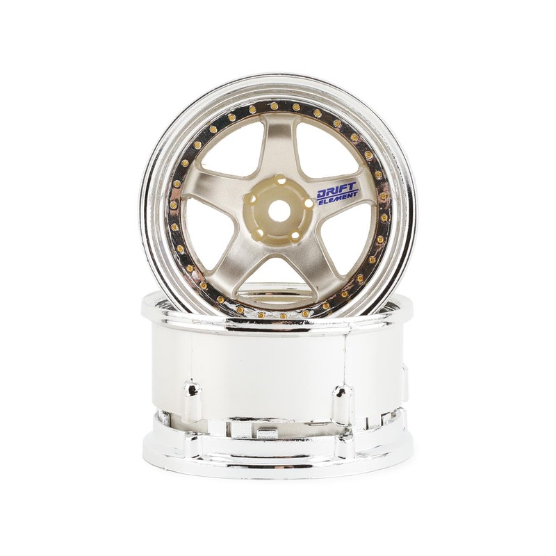 DS RACING DSC-DE-016 Drift Element 5 Spoke Drift Wheels (Gold & Chrome w/Gold Rivets) (2) (Adjustable Offset) w/12mm Hex