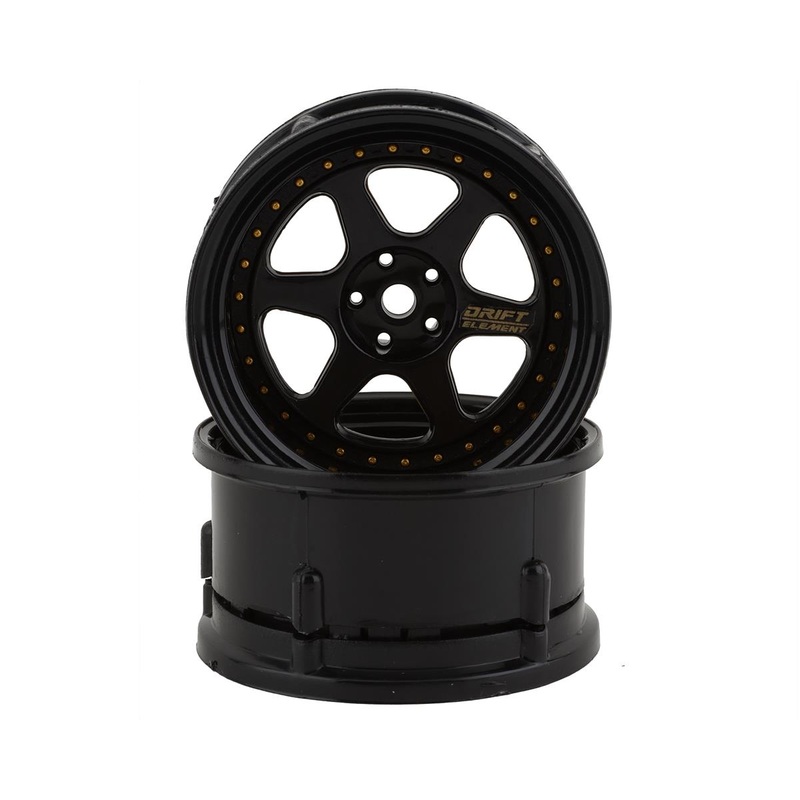 DS RACING DSC-DE-207 Drift Element 6 Spoke Drift Wheels (Triple Black w/Gold Rivets) (2) (Adjustable Offset) w/12mm Hex
