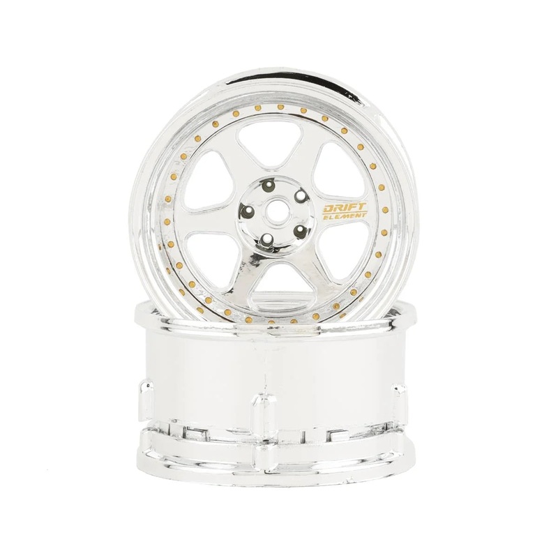 DS RACING DSC-DE-209 Drift Element 6 Spoke Drift Wheels (Triple Chrome w/Gold Rivets) (2) (Adjustable Offset) w/12mm Hex