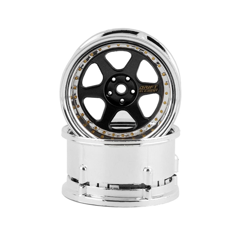 DS RACING DSC-DE-213 Drift Element 6 Spoke Drift Wheels (Black & Chrome w/Gold Rivets) (2) (Adjustable Offset) w/12mm Hex