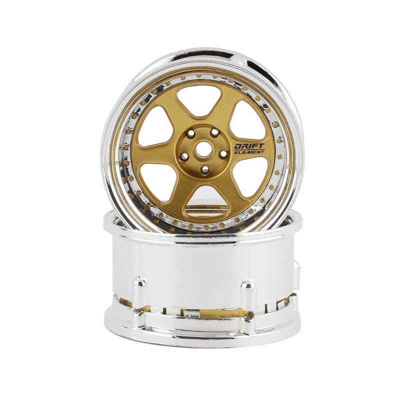 DS RACING DSC-DE-218 Drift Element 6 Spoke Drift Wheels (Gold & Chrome w/Gold Rivets) (2) (Adjustable Offset) w/12mm Hex