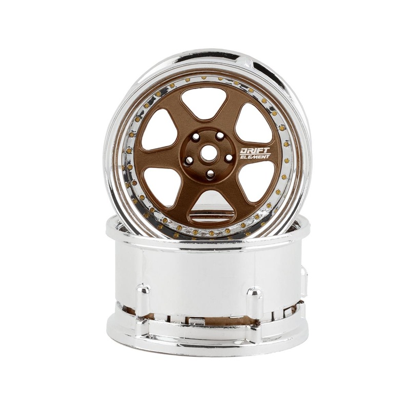 DS RACING DSC-DE-222 Drift Element 6 Spoke Drift Wheels (Bronze & Chrome w/Gold Rivets) (2) (Adjustable Offset) w/12mm Hex