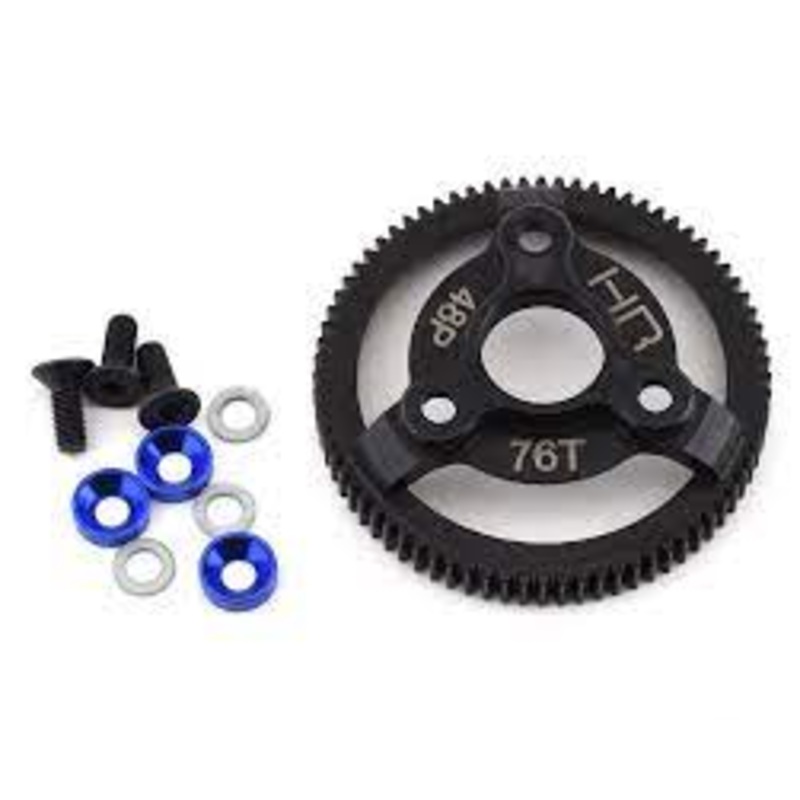HOT RACING STE876 Steel Spur Gear 76T 48P with Blue Washers, for Traxxas Slash