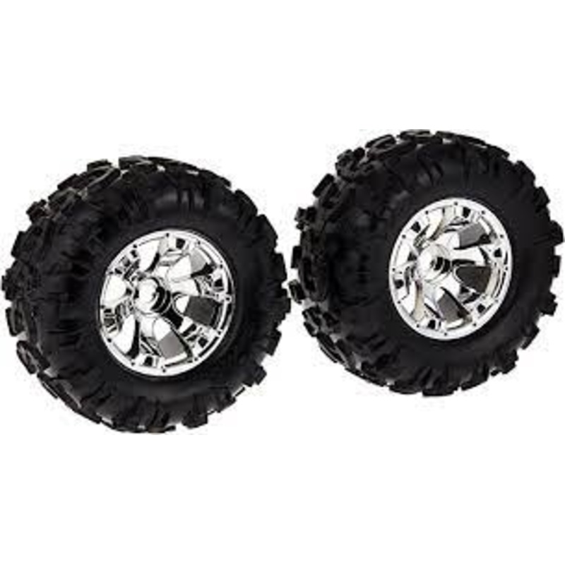 TRAXXAS 5673 Tires & wheels, assembled, glued Geode chrome wheels Canyon AT tires, foam inserts (2) use with 17mm splined wheel hubs & nuts, part #5353X & beadlock-style sidewall protectors, part 5665 5666, 5667 SUMMIT