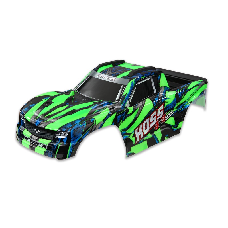 TRAXXAS 9011G Body, Hoss 4X4 VXL, Green w/ window grille, lights decal sheet assembled w/ front & rear body mounts and rear body support for clipless mounting
