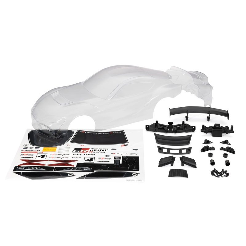 TRAXXAS 9340 Body, Toyota Supra GT4 (clear, trimmed, requires painting)/ decal sheet (includes side mirrors, wing, grilles, vents, hardware, & clipless mounting)