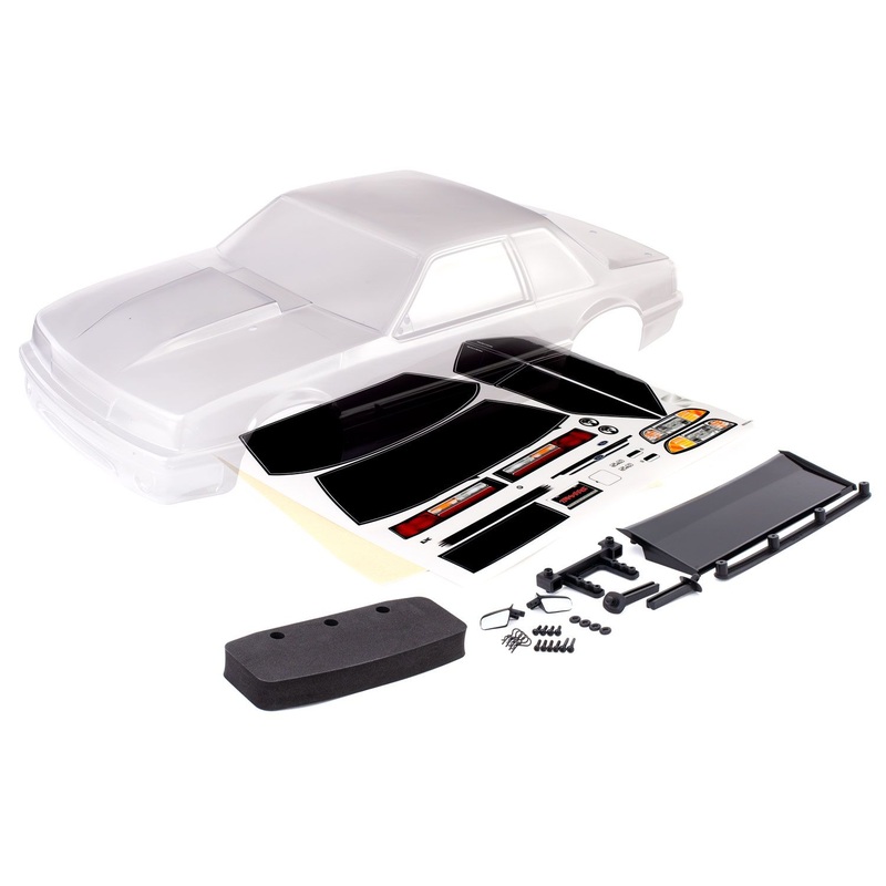 TRAXXAS 9421 Body, Ford Mustang, Fox Body (clear, requires painting)/ window masks/ decal sheet (includes side mirrors, wing, wing retainer, rear body mount posts, foam body bumper, & mounting hardware)