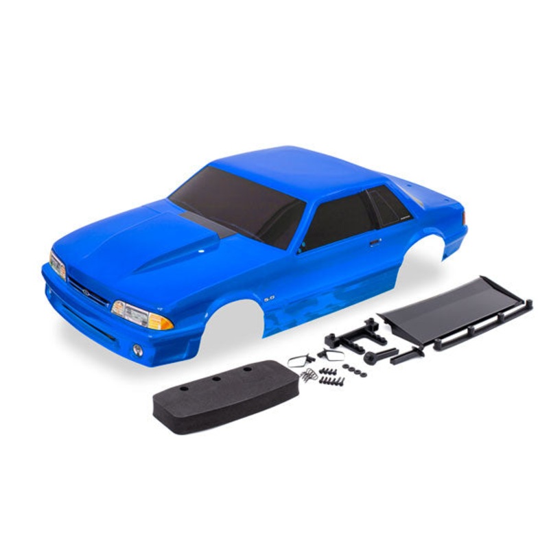 TRAXXAS 9421X Body, Ford Mustang, Fox Body, blue (painted, decals applied) (includes side mirrors, wing, wing retainer, rear body mount posts, foam body bumper, & mounting hardware)