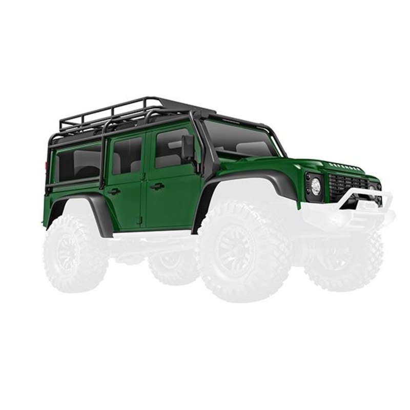 TRAXXAS 9712-GRN Body, Land Rover Defender, complete, green (includes grille, side mirrors, door handles, fender flares, fuel canisters, jack, spare tire mount, & clipless mounting)