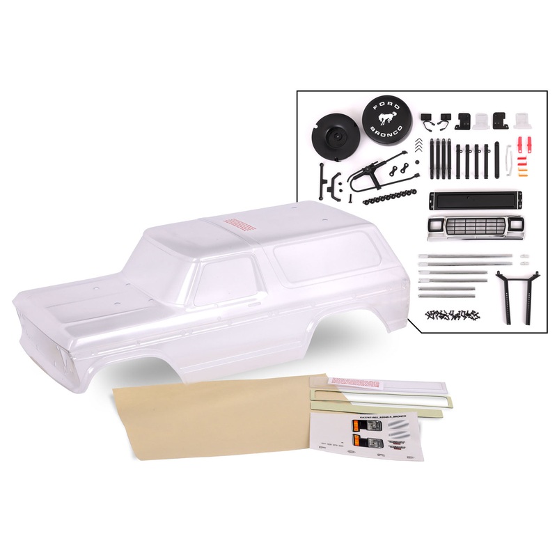 TRAXXAS 8010P Body, Ford Bronco (1979), complete (clear, trimmed, requires painting) (includes grille, side mirrors, door handles, windshield wipers, spare tire mount, decals, window masks) (requires #8072 inner fenders)