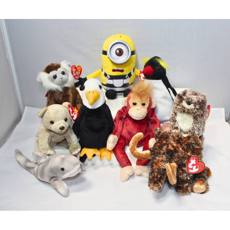 Lot of 9 Beanie Babies | Non-Mint Tags | Minion, Monkeys, Bears, & More