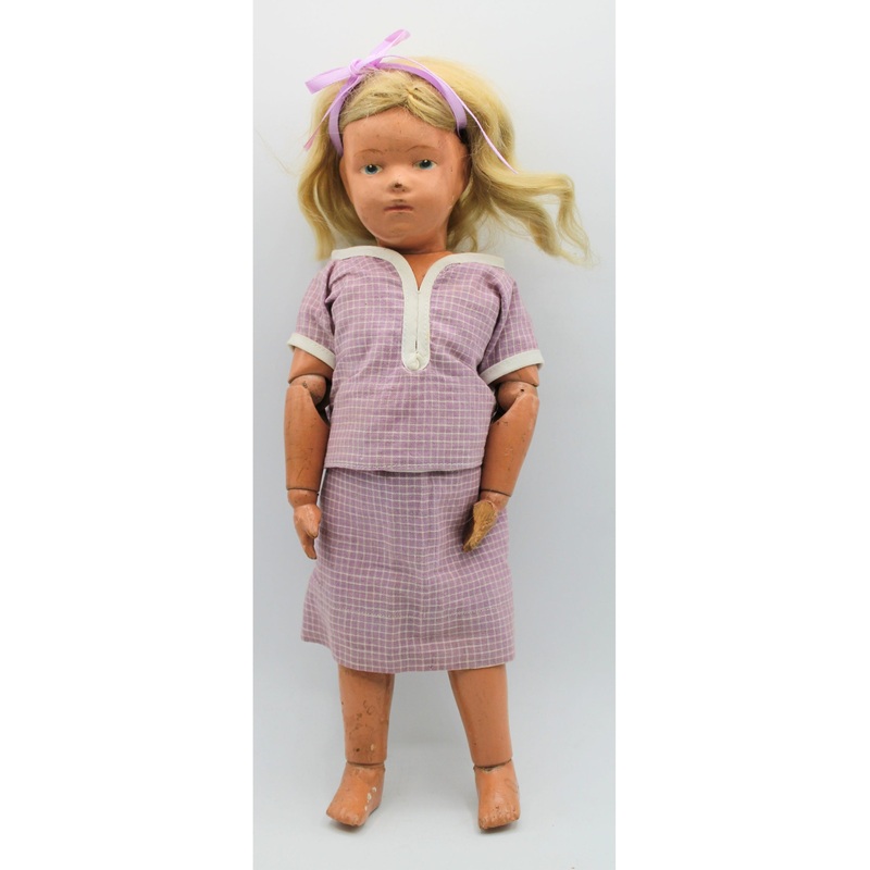 Schoenhut Wooden Spring Jointed Doll in Purple Outfit | Please Read