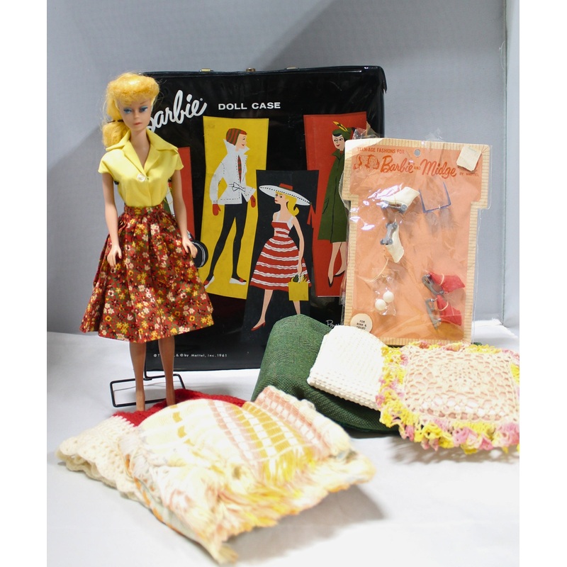 Vintage Barbie Doll Case with Barbie, Bedding & Scating Accessories