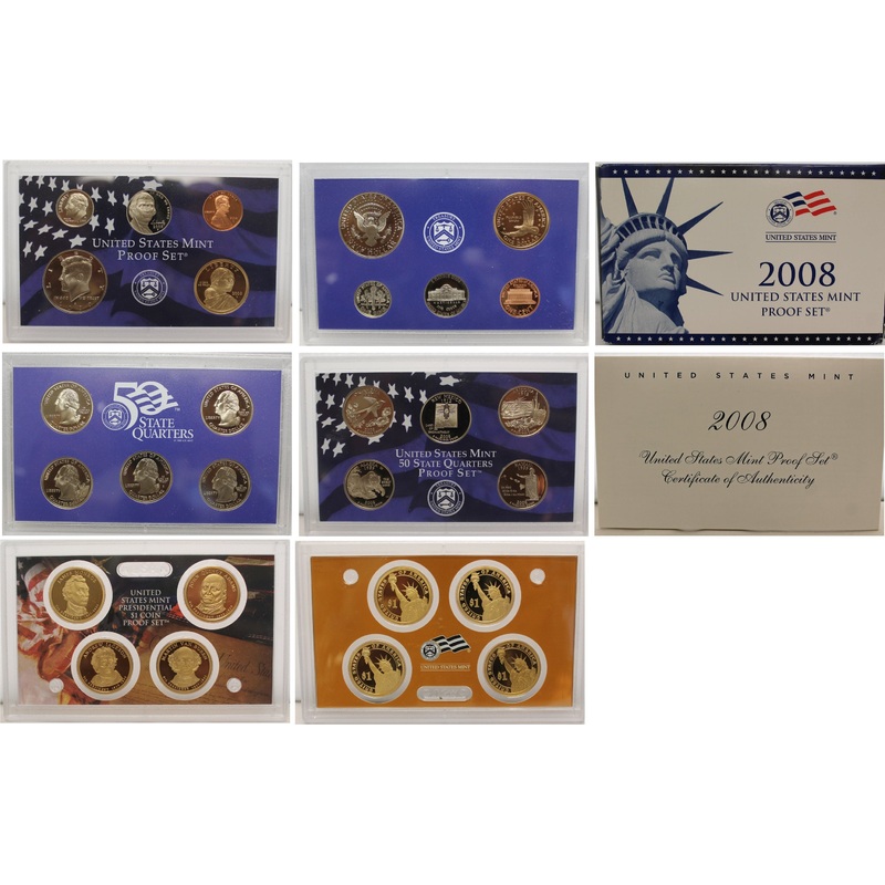 2008 Proof set 10 Pack CN-Clad Kennedy, Presidential Dollar, State quarters OGP 140 coins