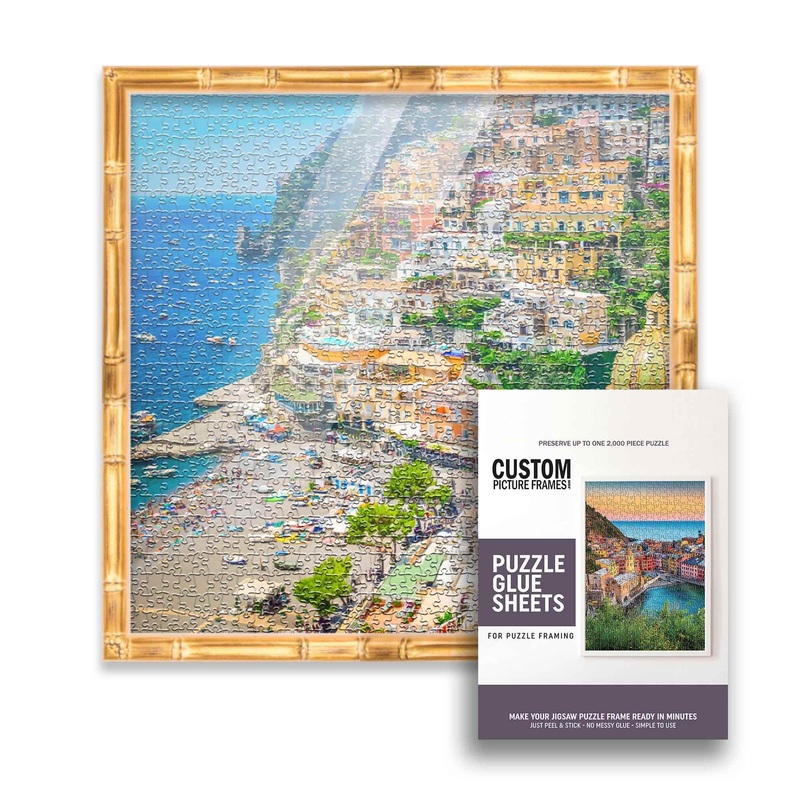 19X19 Puzzle Frame Kit With Glue Sheets | Gold Bamboo Picture Frame | Real Wood With Uv Resistant Acrylic Front | Made To Preser