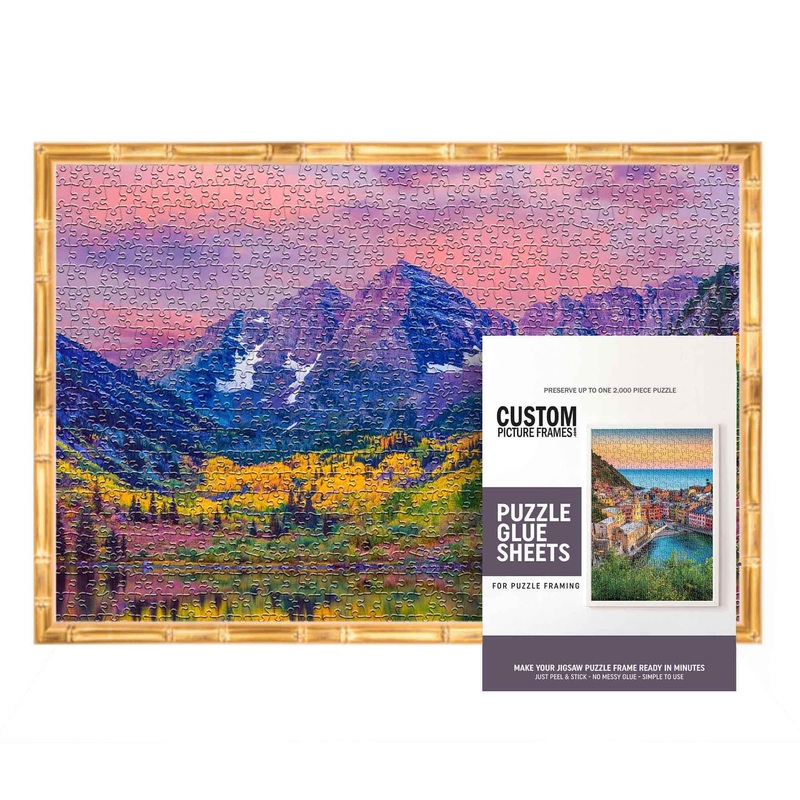 19X27 Puzzle Frame Kit With Glue Sheets | Gold Bamboo Picture Frame | Real Wood With Uv Resistant Acrylic Front | Made To Preser