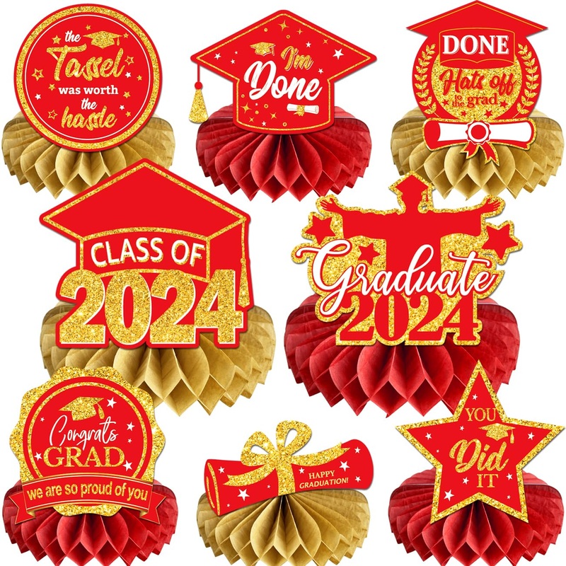 8 Pcs Pink Rose Gold Graduation Party Decorations Class Of 2024 Rose Gold Congrats Grad Honeycomb Centerpieces Congratulate Grad