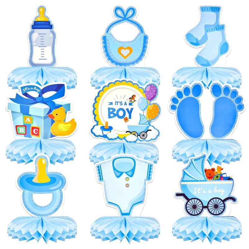 9 Pieces Blue Baby Boy Honeycomb Centerpieces Table Decor, It'S A Boy Welcome Newborn Pattern Table Topper Ornaments Signs For G