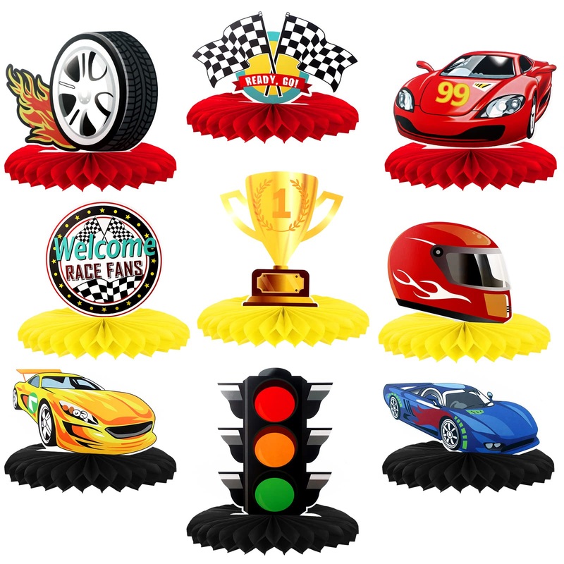 9 Pieces Race Car Party Decorations Race Car Honeycomb Centerpieces Racing Party Table Decor Double-Sided Cars Photo Booth Props