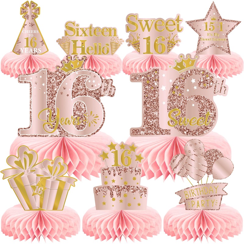9Pcs 16Th Birthday Decorations Pink Rose Gold Honeycomb Centerpieces For Girls,Happy 16Th Birthday Table Centerpieces Party Supp