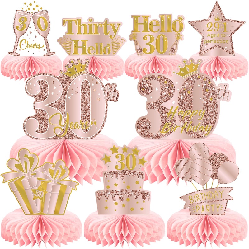 9Pcs 30Th Birthday Decorations Pink Rose Gold Honeycomb Centerpieces For Women,Happy 30Th Birthday Table Centerpieces Party Supp