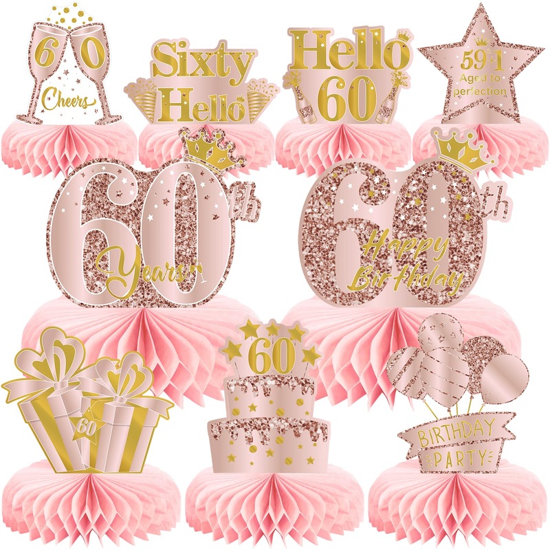 9Pcs 60Th Birthday Decorations Pink Rose Gold Honeycomb Centerpieces For Women,Happy 60Th Birthday Table Centerpieces Party Supp