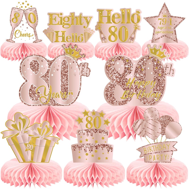 9Pcs 80Th Birthday Decorations Pink Rose Gold Honeycomb Centerpieces For Women,Happy 80Th Birthday Table Centerpieces Party Supp