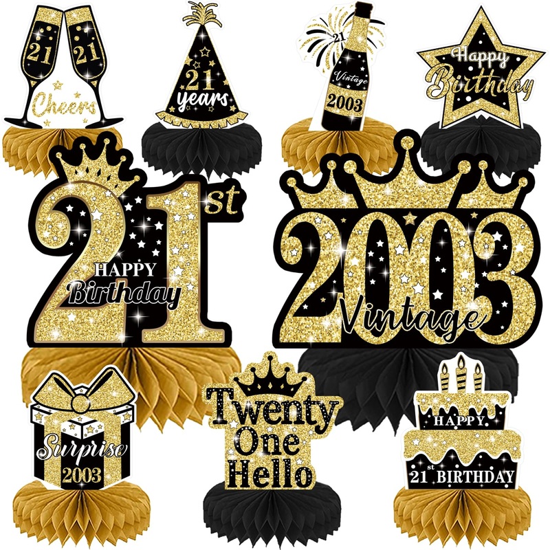 9Pcs Black Gold 21St Birthday Decorations 21Th Birthday Centerpieces For Tables Decorations,2003 Aged To Perfection Tables Toppe