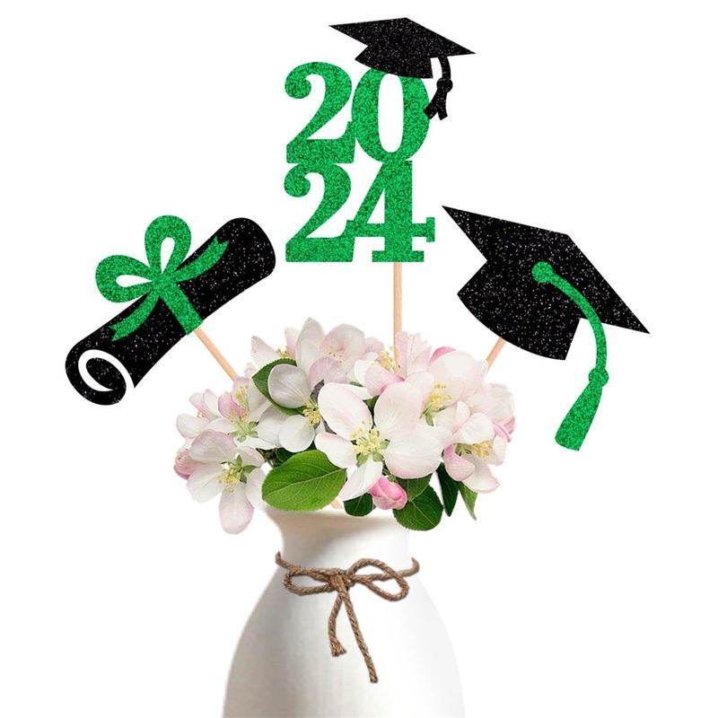 Alissar 15-Pack Double Sided Glitter 2024 Graduation Party Centerpiece Sticks Green- Table Toppers For 2024 Graduation Party Dec