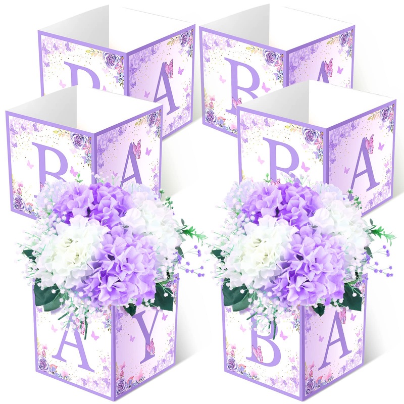 Bucherry 6 Pcs Purple Butterfly Baby Shower Boxes Decorations Purple Balloons Boxes With Baby Letter Gender Reveal Box For Ballo