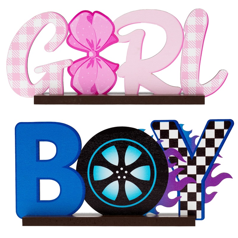 G1Ngtar 2Pcs Burnouts Or Bow Gender Reveal Wooden Table Centerpieces Boy Or Girl Letter Signs Blue Car Wheel Pink Polka Dots Bow