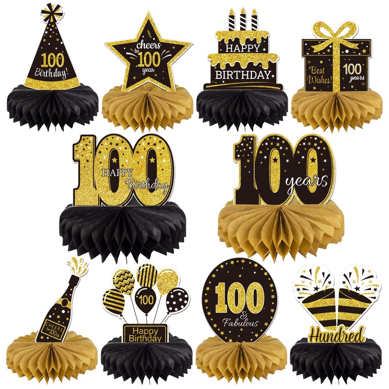 Gexolenu 10 Pcs 100 Birthday Honeycomb Centerpieces Gold Black Cheers To 100 Years Birthday Centerpieces Tables Toppers For Men