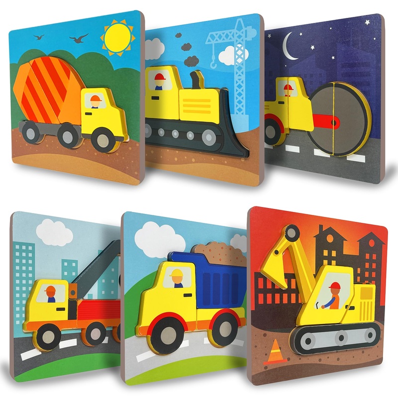 Klevly 6 Pk Construction Wooden Toddler Puzzles Ages 2-4 | Wooden Puzzles For Toddlers 1-3 | Montessori Toys For 2 Year Old | Le