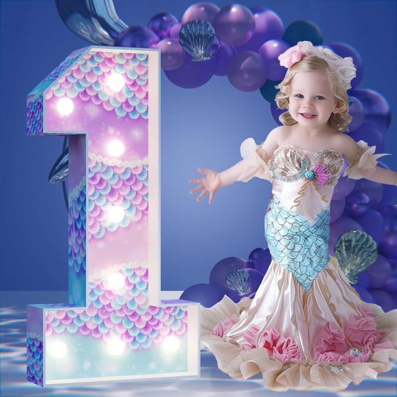 Marquee Numbers Mermaid Birthday Decorations: 3Ft Large Party Decor Girl First 1St 12Th Big Light Up Cardboard Number 1